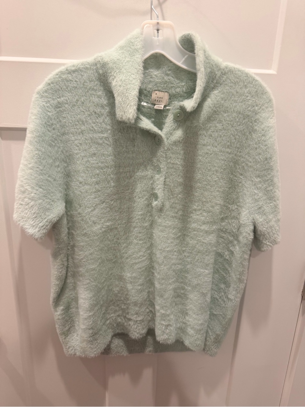 NWT A New Day Mint Green Fuzzy Polo Sweater Top L
